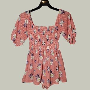 True Destiny Womens Romper  Floral Pattern Striped Red White  Size M
